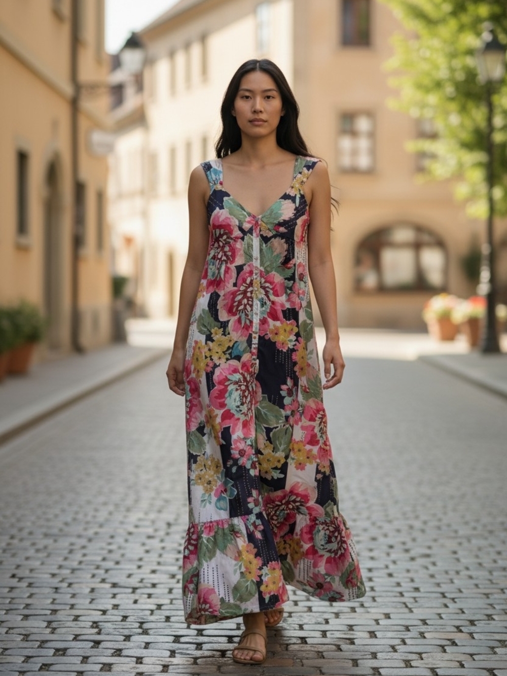 Johnny Was Silk Floral Maxi Dress XS Boho Cottagecore Sleeveless Button Front